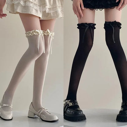 1/2/3pairs Japanese Lolita Jk Knee High Long Sock Black White Bow Ribbon Stockings Sexy Lace Thigh High Socks Sweet Cute Hosiery