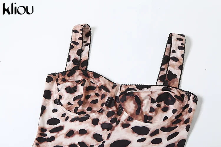 kliou Leopard Printed Women Jumpsuits Sexy Hot Popular Low Neck Spaghetti Strap Skinny Overalls Female Trend Midnight Clubwear