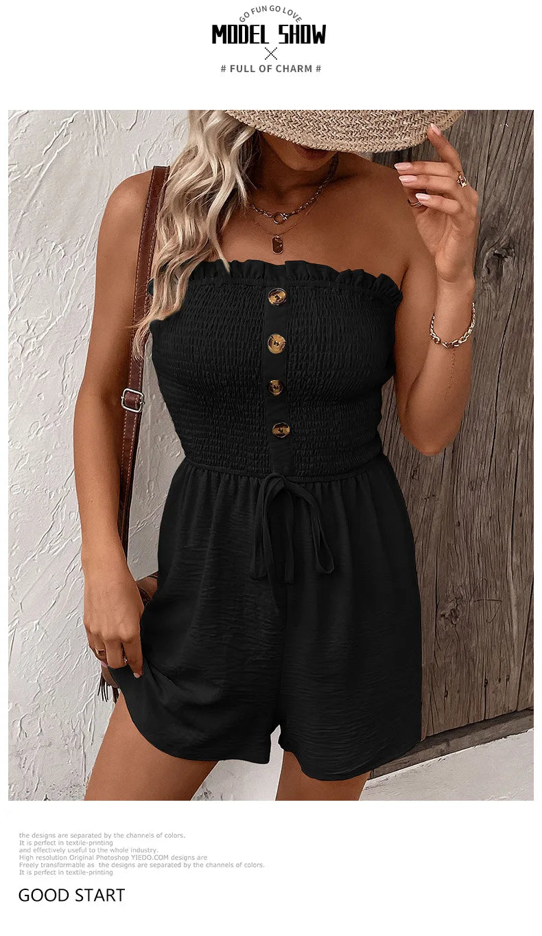 Summer Leisure Vacation, European and American Solid Color High Waist Design, Strapless Jumpsuit Shorts