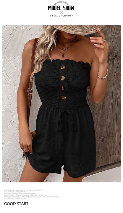 Summer Leisure Vacation, European and American Solid Color High Waist Design, Strapless Jumpsuit Shorts
