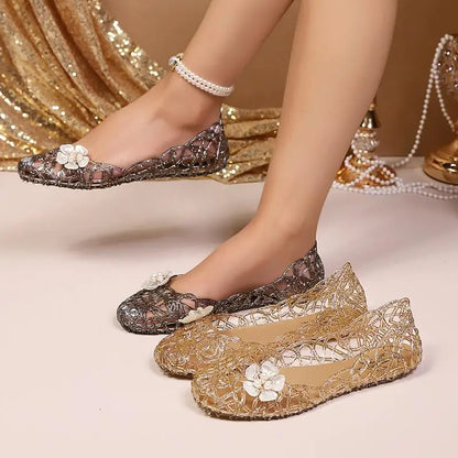 Korean Style Transparent Jelly Shoes Women Summer 2026 Soft Lightweight Pvc Ballet Flats Luxury Shell Flower Clogs for Women