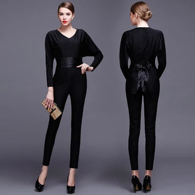 Fashion Women Long Sleeve Sexy V Neck Wide Leg Rompers Belted High Waist Jumpsuits Long Office Ladies Outfits Jumpsuit Colors