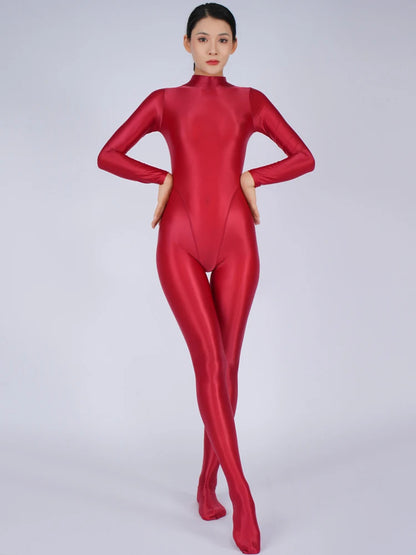 Sexy Women Yoga Shaper Tight Wear Oil Glossy Shiny Elastic Bodysuit Sheer See Through Rompers Jumpsuits Candy Color
