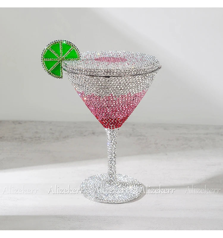 Alizekerr Cocktail Glass Shaped Rhinestone Evening Bags Luxury Designer Gorgeous Crystal Metal Purses And Handbags Wedding Party
