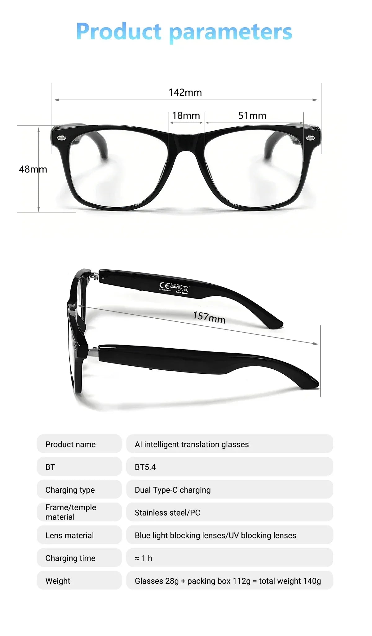 Smart Glasses AI translation 100+ Languages Make Receive Calls Music Calling Noise Reduction Light BT TWS Glasses Men Women