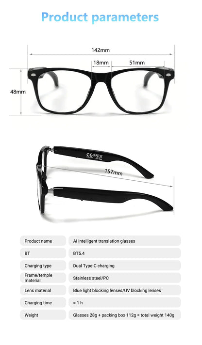 Smart Glasses AI translation 100+ Languages Make Receive Calls Music Calling Noise Reduction Light BT TWS Glasses Men Women