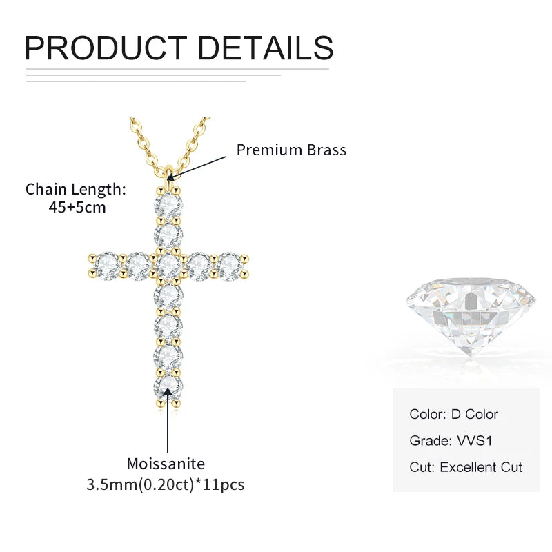 Rrjzz D-Color Moissanite Cross Pendant Necklace for Women VVS1 GRA Lab Imitation Diamond Dainty Necklace Faith Jewelry Gifts