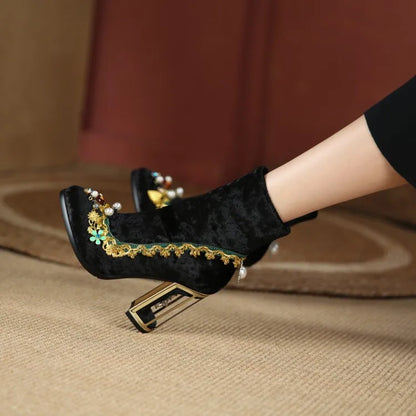 Royal Gemstone Jeweled Flower Velvet Ankle Boots Floral Crystal Cage Fretwork High Heels Blue Red Black Woman Bridal Booties