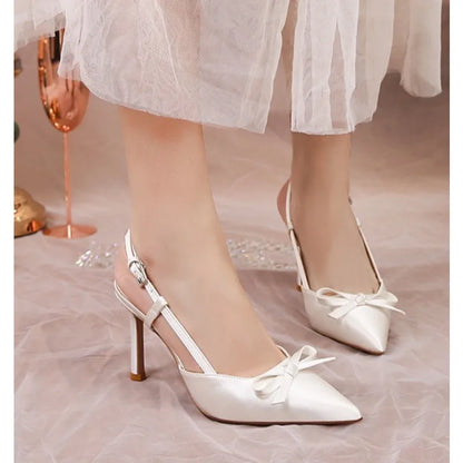Women Pumps White Wedding Shoes Bride Luxury Satin Butterfly-knot Pointed Toe Adjustable Slingback Heels Elegant Women Heels