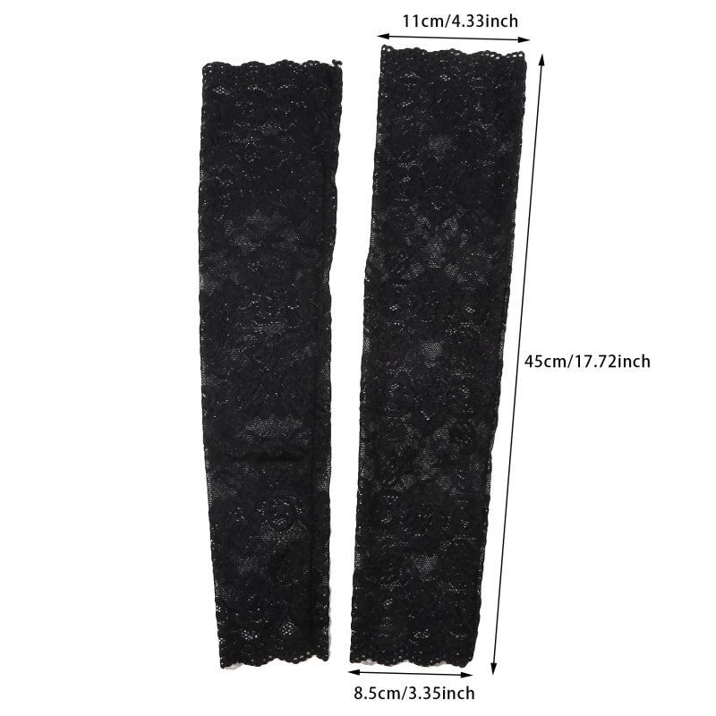 Women Summer Ice Silk Lace Arm Sleeve Elastic Sleeve Driving Gloves Black White Long Fingerless Mittens Sunscreen Gloves