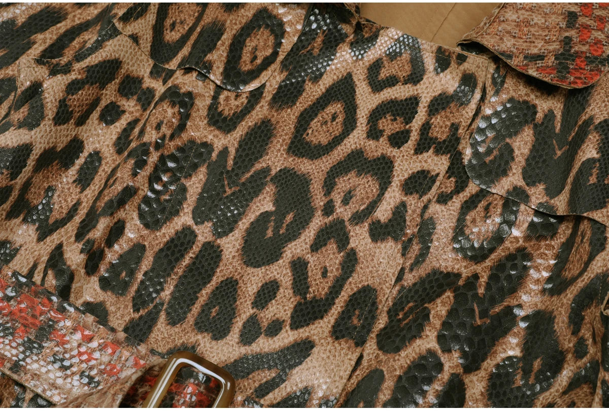 2102 High-quality Spring And Autumn Snake Skin Leopard Print Long Sleeved Leather Belt Temperament Coat Women's Trench Coat