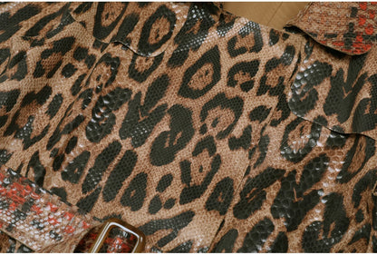 2102 High-quality Spring And Autumn Snake Skin Leopard Print Long Sleeved Leather Belt Temperament Coat Women's Trench Coat