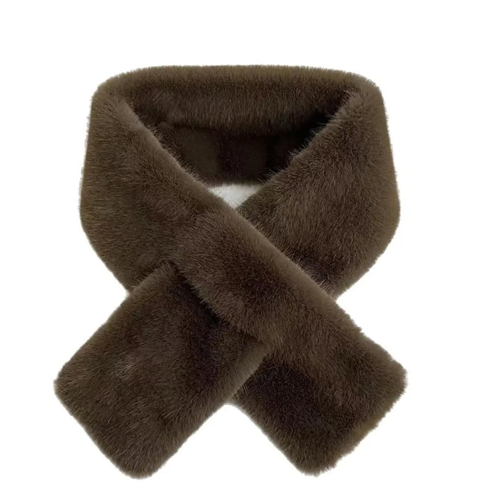 Winter Warm Faux Mink Fur Cross Scarf Solid Color Thickened Neckerchief Wrap Soft Neck Warmer Collar Scarf Autumn Winter