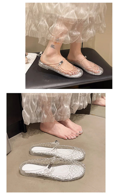 Women's Light Luxury Crystal Jelly Mary Jane Flat Sandals Hollow-out Breathable Closed Toe Summer Casual Non-slip Slip-on Shoes