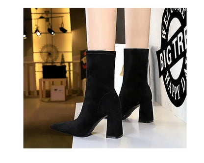 BIGTREE Shoes High Heel Boots Suede Women Ankle Boots Pointed Toe Socks Boots Thick Heel Women Shoes Warm Winter Boots Size 43