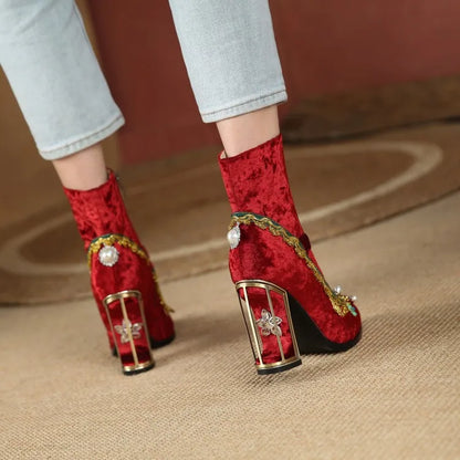 Royal Gemstone Jeweled Flower Velvet Ankle Boots Floral Crystal Cage Fretwork High Heels Blue Red Black Woman Bridal Booties