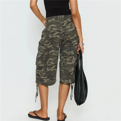 Women Camouflage Cargo Capri Pants Low Waist Multi Pocket Drawstring Hem Denim Bermuda Shorts Y2K Vintage Streetwear