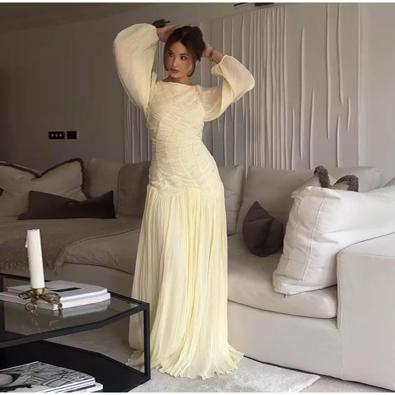 2026 Summer Women's Elegant Pleated Long Dress O-neck Loose Folds Lantern Sleeve Holiday Beach Commute Chic Vestidos