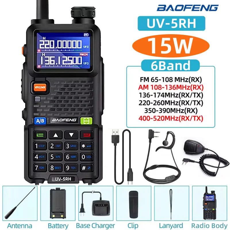 Baofeng UV5RH Handheld Walkie Talkie 15W 6000mAh Six Band Wireless Replication Frequency 999CH Supports Type-C Charging HAM 10km