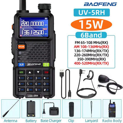 Baofeng UV5RH Handheld Walkie Talkie 15W 6000mAh Six Band Wireless Replication Frequency 999CH Supports Type-C Charging HAM 10km
