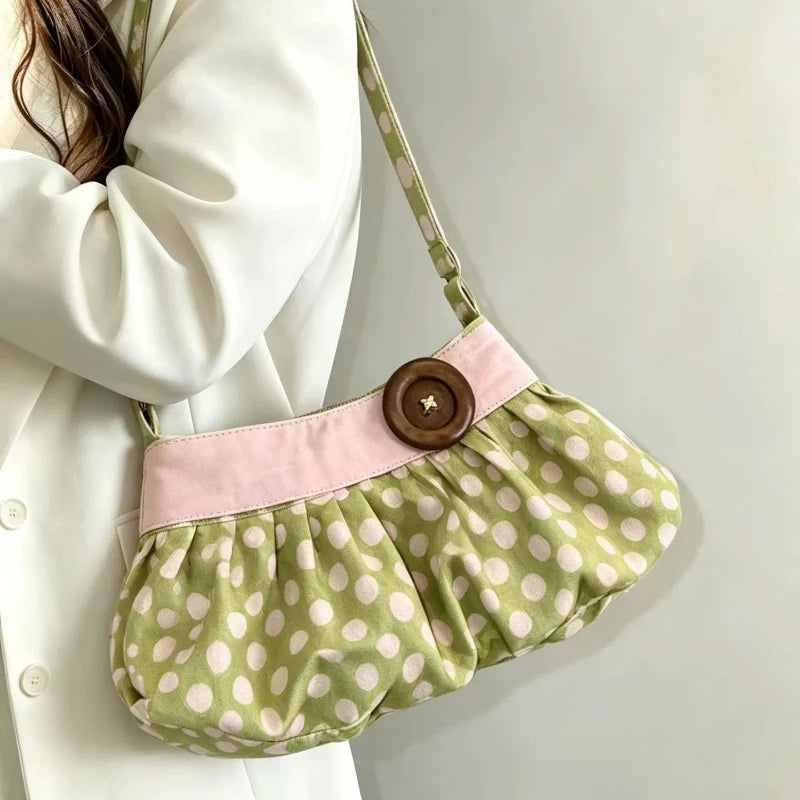 Pleated Design Dumpling Bag Retro Polka Dot Wooden Button Decor Handbag Soft Striped Shoulder Bags Pattern Casual Commuter Bag