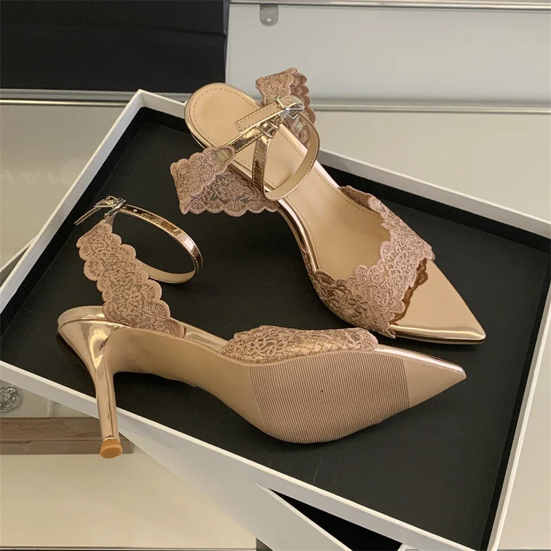 Luxury Lace Embroidery Ankle Strap Buckle Women Gladiator Sandals Elegant Thin High heels Summer Fashion Party Wedding Shoes