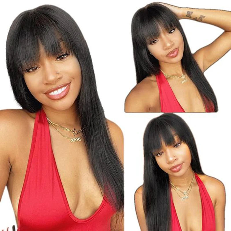38 inch Straight Lace Front Wig With Bangs Fringe Human Hair Wigs 360 HD Full Lace Frontal Wig With Bang On Sale Clearance Cheap