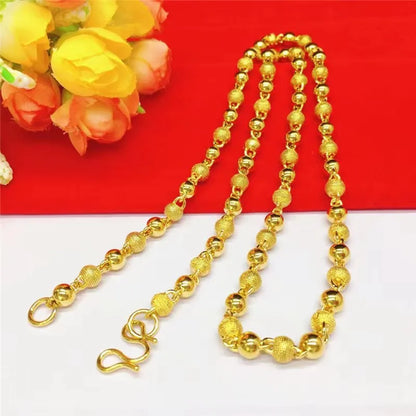 Unisex 24K Gold (AU999) 6mm Matte Sandblasted Bead Necklace | Liquid metal beads, gold-inlaid clasp with minimalist symbols