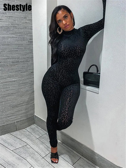 Shestyle Leopard Transparent Jumpsuits Women Skinny Back Zip Mock Neck Black Sexy 2021 Hot Animal Print Slim Clubwear Fitness