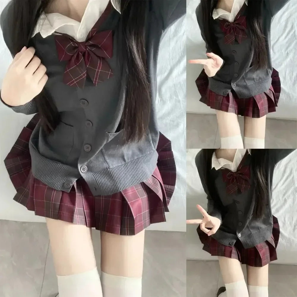 3Pc Set Japanese Korean School Uniforms Multicolor Sweater&Plaid Pleat Skirt with Bow Jk Uniform Suit Graduation Costumes Women