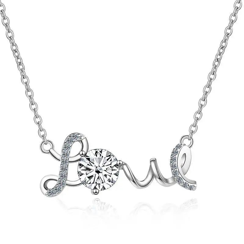 1CT 925Silver Cursive Love Letter Single Stone Pendant Necklace Round Cut D VVS1 Multi Color Moissanite Love Gift Fine Jewelry