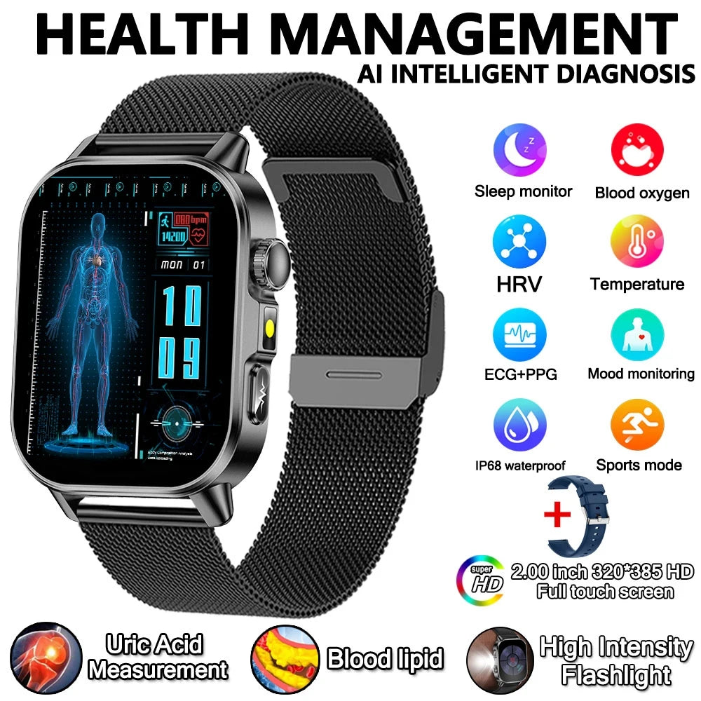 2026 New Professional-Grade Health Smart Watch Men ECG BP HR Uric Acid Lipid BMI Body Analysis Bluetooth Call Smartwatch Women