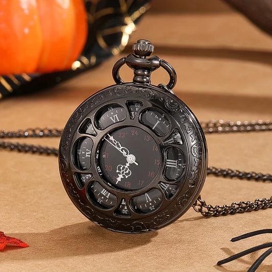 Vintage Black Hollow Steampunk Design Quartz Pocket Watch, with Necklace Pendant, Roman Numeral Dial World-Time Feature