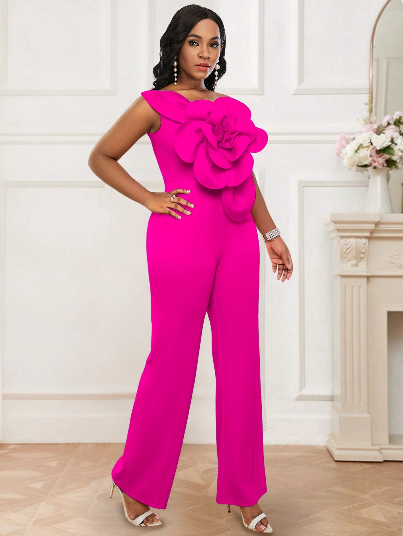 Women One Shoulder Jumpsuit Big Flowers Long Sexy Backless High Waist  Wide Leg Straight One Piece Classy Evening Party Rompers