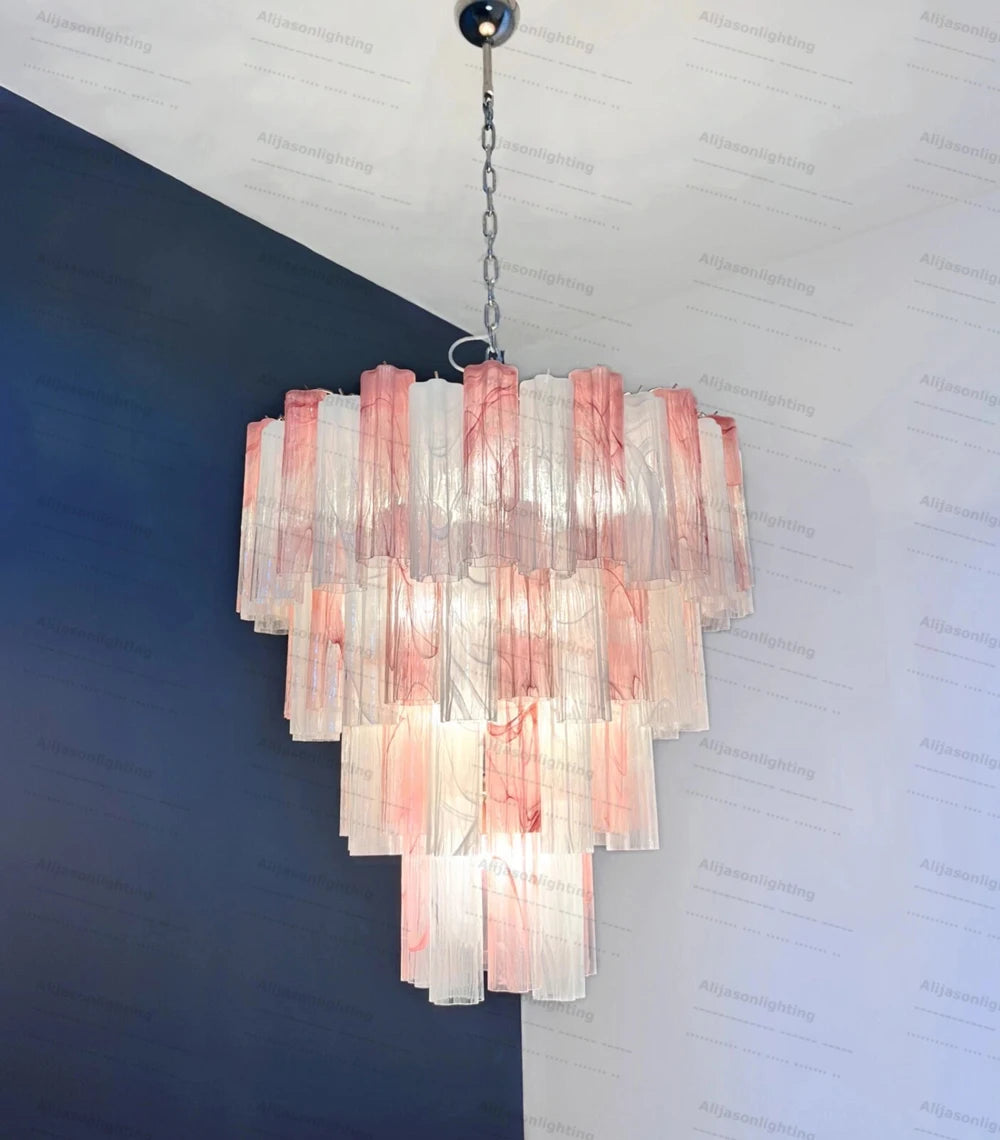 Elevate Your Living Room With Our Textured Pink White Glass 2026 Chandelier High-end Pendant Light Gold Chrome Dimming Function