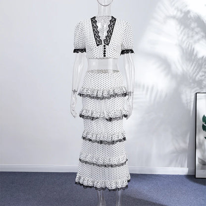 2026 Summer Fashion Square Neck Ruffled Crop Top & Pleated Midi Skirt 2-Piece Set Elegant Boho Resort Vacation Casual Outfits