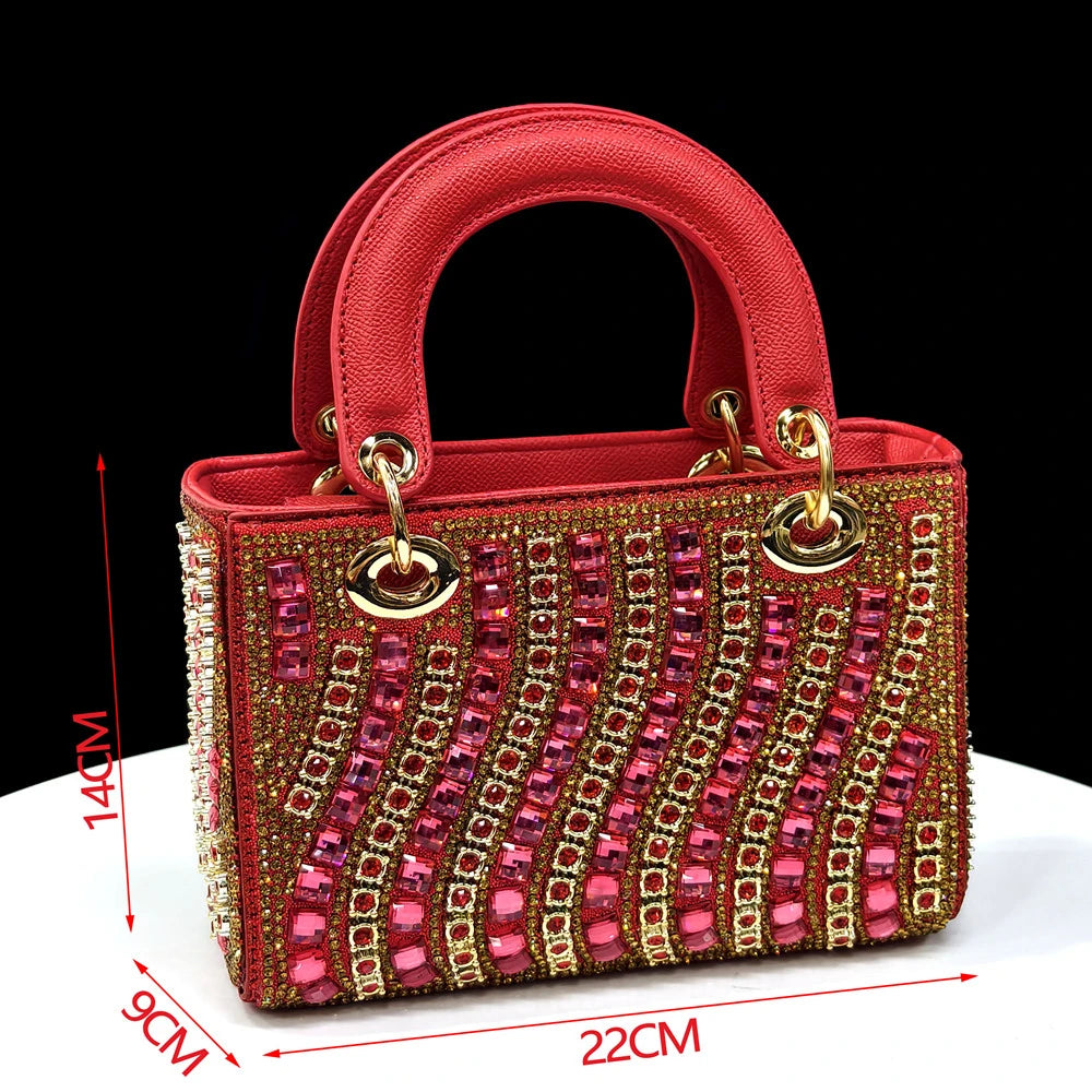 2025 Shiny Italian Fashion Pointed Toe Women Heel Fashion Rhinestone Decoration Fuchsia Color Shoes And Bag Set