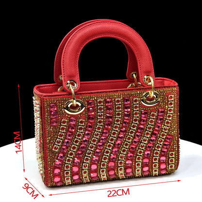 2025 Shiny Italian Fashion Pointed Toe Women Heel Fashion Rhinestone Decoration Fuchsia Color Shoes And Bag Set