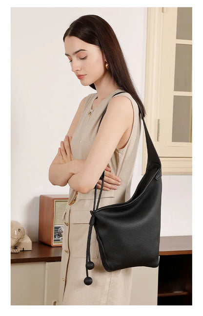 Women's Genuine Grade Cow Leather Handbags Luxury Designer Ladeis Shoulder Crossbody Bucket Bags for Woman Cowhide Underarm Bag