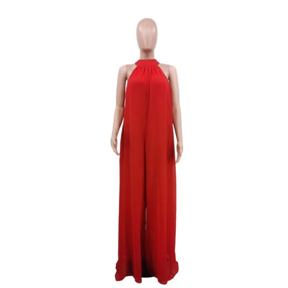 2026 New Women's Solid Chiffion Loose Halter Jumpsuits Sexy Backless Wide Leg Pants Rompers Fashion Party Elegant Women Clothing