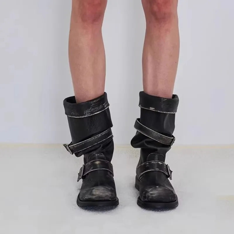 Retro Weathered Knight Boots Belt Bule Chunky Heel Mid-Calf Women's Boots Cowhide Leather Slimming Booties for All-Season Wear