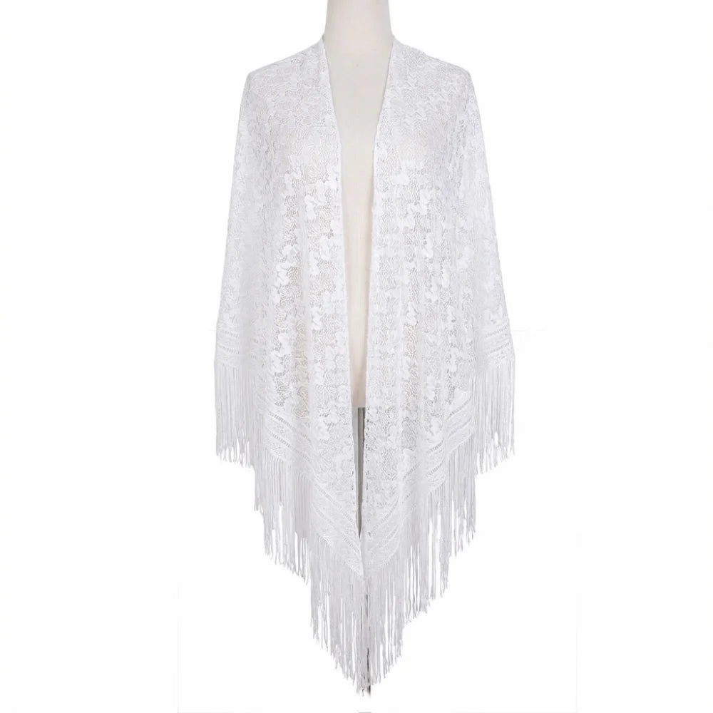 Versatile 140×140cm Lace Shawl Elegant Hollowed-out Design Knitted Shawl Breathable Tassel Shawl for Women