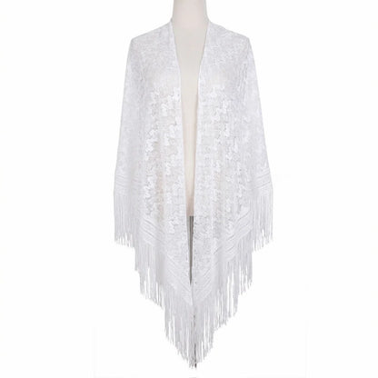 Versatile 140×140cm Lace Shawl Elegant Hollowed-out Design Knitted Shawl Breathable Tassel Shawl for Women