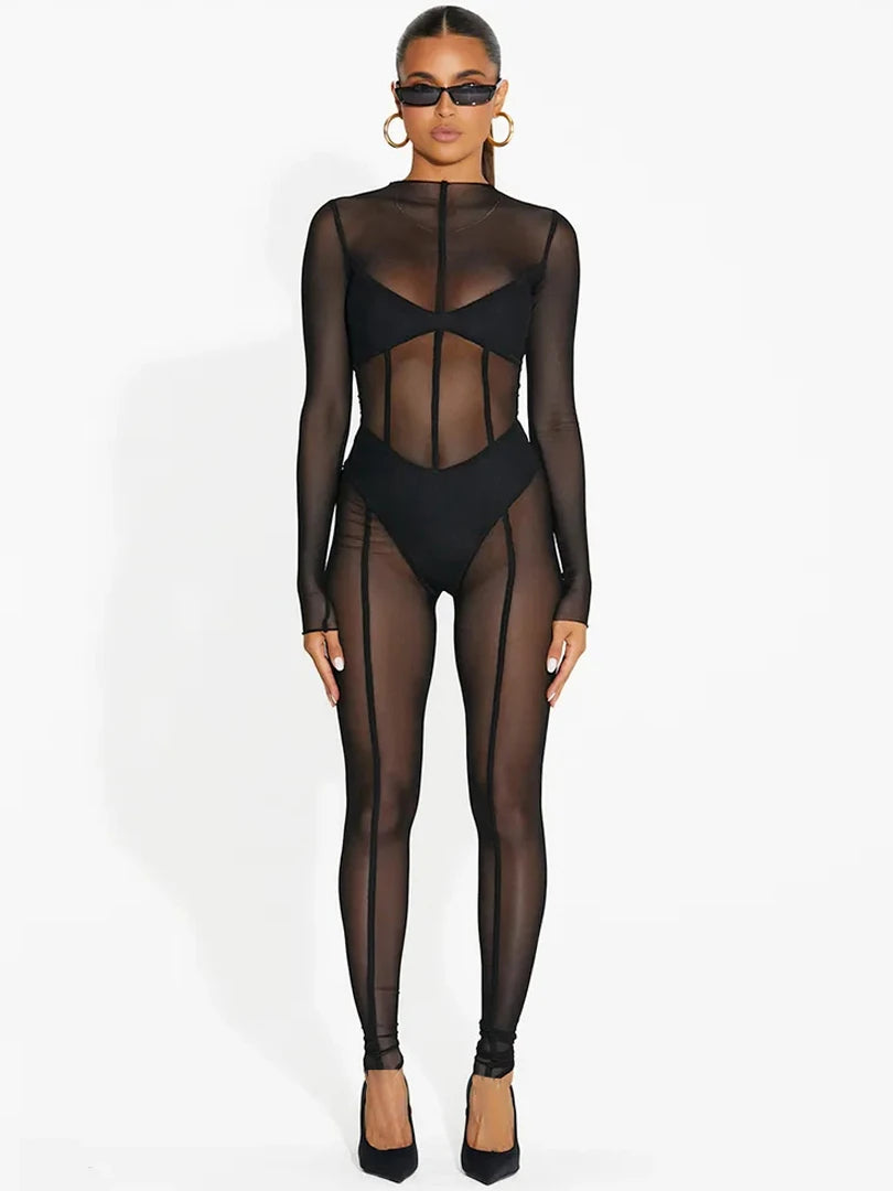 Hugcitar Mesh Long Sleeve Black Zip Up See Through Sheer Sexy Bodycon Jumpsuit 2025 Summer Women Romper Beach Festival Club Y2K