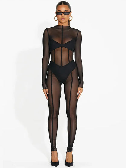 Hugcitar Mesh Long Sleeve Black Zip Up See Through Sheer Sexy Bodycon Jumpsuit 2025 Summer Women Romper Beach Festival Club Y2K