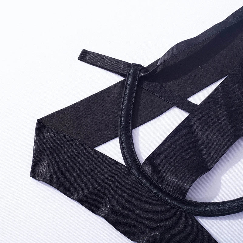 See Through Black Porn Bandage Hot Sensual Body Sexy Lingerie Bodysuit Women Halter Hollow Out Open Bra Thong Exotic Clothing