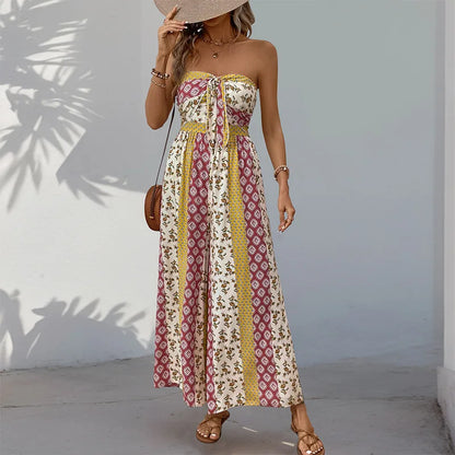 Cotton Rayon Floral Printed Sexy Strapless Jumpsuit Women Casual Bow Boho Beach Summer One Piece Women's Jumpsuits Bohemian