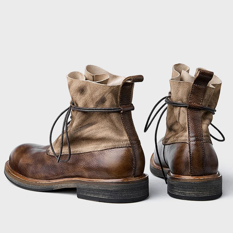 Vintage Thick-Soled Boots Genuine Leather High Top Lace Up Men's Booties British Style Trendy Handmade Cowhide Men's Shoes