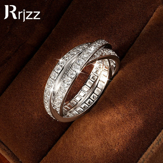 Rrjzz Light Luxury Full Moissanite Eternal Ring for Women Three-layer Cross D-Color Lab Imitation Diamond Birthday Jewelry Gifts
