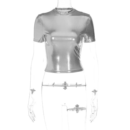 Leather Solid O Neck Short Sleeves Sexy Slim Y2K T-Shirt Top 2024 Summer Women Fashion Tees Streetwear Grunge Clothes